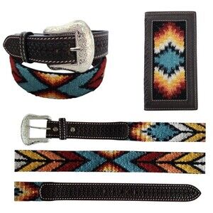 Western Leather Belt Rodeo Wallet Set Basketweave Tooled Size 36 Navajo Pattern